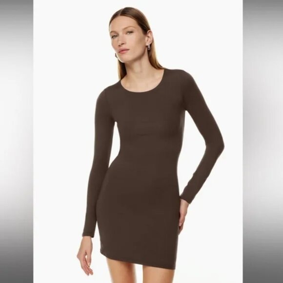 Aritzia Babaton Contour Crew Long Sleeve Mini Dress Scoop Neck Rich Mocha Brown - Picture 3 of 8